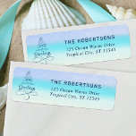 Zeeen en groeten Beach Christmas Return Adres Etiket<br><div class="desc">Dit strand thema vakantie retour adres label heeft de uitdrukking "Zeeen & Groeten" in de vorm van een kerstboom,  met een abstracte waterverf strand achtergrond.</div>