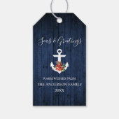 Zeeen en groeten Blauw hout Poinsettia Anchor Cadeaulabel (Voorkant)