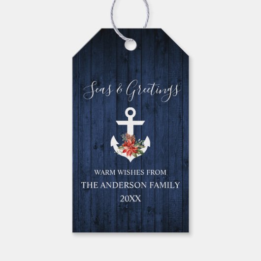 Zeeen en groeten Blauw hout Poinsettia Anchor Cadeaulabel (Voorkant)