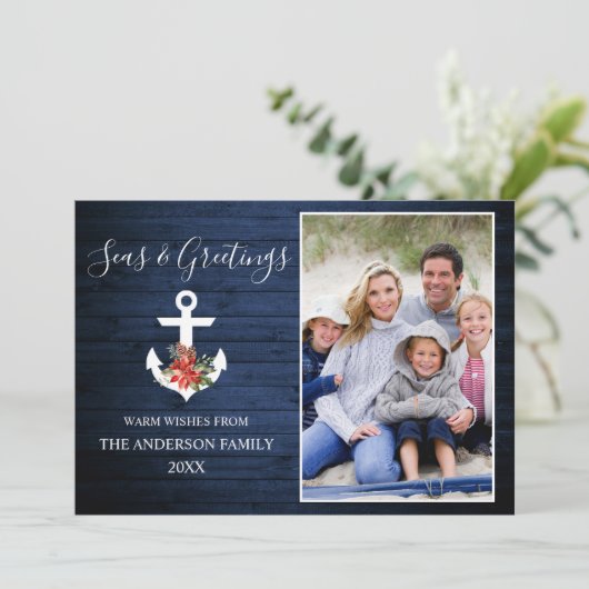 Zeeen en groeten Blauw hout Poinsettia Anchor Feestdagenkaart (Staand voorkant)