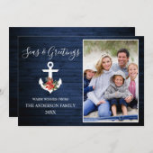 Zeeen en groeten Blauw hout Poinsettia Anchor Feestdagenkaart (Voorkant / Achterkant)