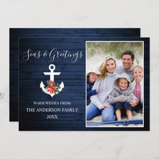 Zeeen en groeten Blauw hout Poinsettia Anchor Feestdagenkaart (Voorkant / Achterkant)