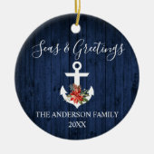 Zeeen en groeten Blauw hout Poinsettia Anchor Keramisch Ornament (Voorkant)