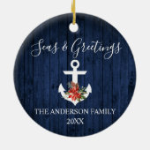 Zeeen en groeten Blauw hout Poinsettia Anchor Keramisch Ornament (Achterkant)