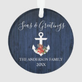 Zeeen en groeten Blauw hout Poinsettia Anchor Ornament (achterkant)