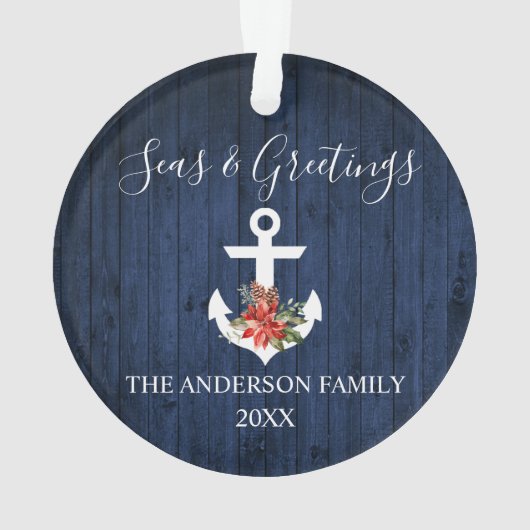 Zeeen en groeten Blauw hout Poinsettia Anchor Ornament (achterkant)