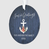 Zeeen en groeten Blauw hout Poinsettia Anchor Ornament (voorkant)
