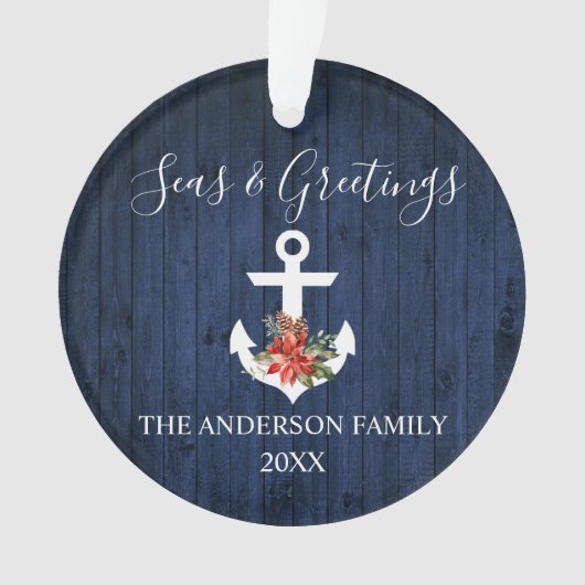 Zeeen en groeten Blauw hout Poinsettia Anchor Ornament (voorkant)