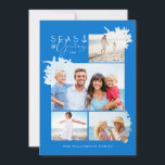 Zeeen en groeten Blauwe Oceaan Foto Lijst Feestdagenkaart<br><div class="desc">Wie heeft sneeuwvlokken nodig als je seizoenshellen hebt! Vang een koel casual en kustvibe in deze vakantie-zee-zoon met ons kustseizoen op zee geïnspireerd kerstfeest collectie. Biedt een uniek lijst met drie fotomaskers met seizoenshellen, koraal, zeepaardje en zeesterren. "Zeeen & groeten" wordt getoond met een scheepsanker met een oceaanblauwe achtergrond. De...</div>