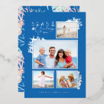 Zeeen en groeten Blauwe Oceaan Foto Lijst Folie Feestdagenkaart<br><div class="desc">Wie heeft sneeuwvlokken nodig als je seizoenshellen hebt! Vang een koel casual en kustvibe deze vakantiezoon met onze op zee geïnspireerde vakantiekaart aan de kust. Biedt een uniek lijst met drie fotomaskers met seizoenshellen, koraal, zeepaardje en zeepaardvis in zilverfolie. "Zeeen & groeten" wordt weergegeven in zilverfolie samen met een scheepsanker...</div>