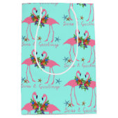 Zeeen en groeten Flamingos Turquoise Kerstmis Medium Cadeauzakje (Voorkant)