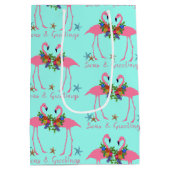 Zeeen en groeten Flamingos Turquoise Kerstmis Medium Cadeauzakje (Achterkant)