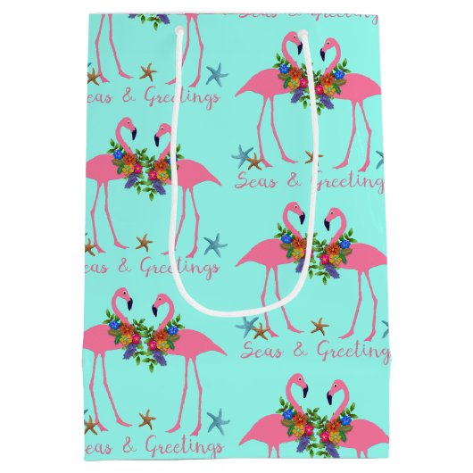 Zeeen en groeten Flamingos Turquoise Kerstmis Medium Cadeauzakje (Achterkant)