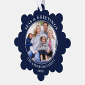 Zeeen en Groeten Foto Blauw Ornament Kaart (Links)