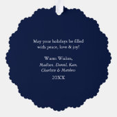 Zeeen en Groeten Foto Sneeuwvlokken Blauw Ornament Kaart (Achterkant)