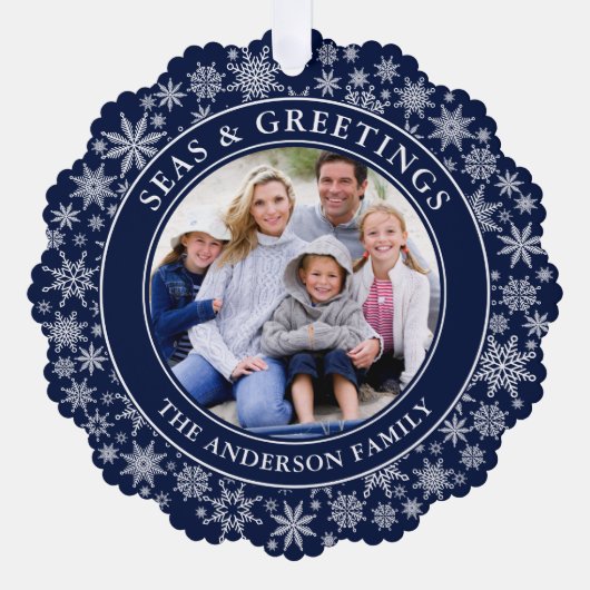 Zeeen en Groeten Foto Sneeuwvlokken Blauw Ornament Kaart (Voorkant)