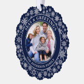 Zeeen en Groeten Foto Sneeuwvlokken Blauw Ornament Kaart (Links)