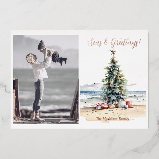 Zeeen en Groeten Kerstboom op het strand Folie Feestdagenkaart (Voorkant)