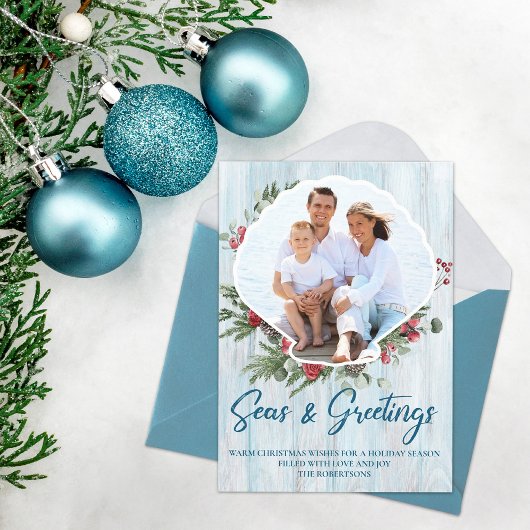 Zeeen en groeten Kustafel Seashell Foto Feestdagenkaart