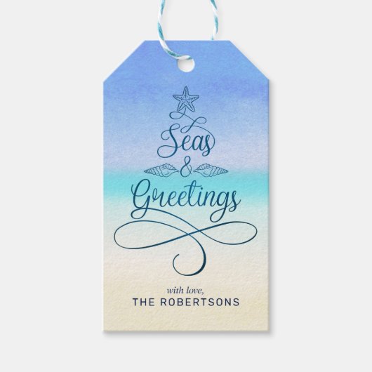 Zeeen en groeten met kerstbalken cadeaulabel (Voorkant)