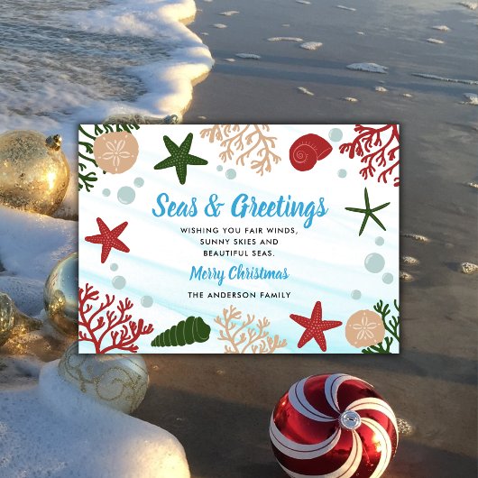 Zeeen en groeten Nautical Ocean Beach Blue Feestdagenkaart