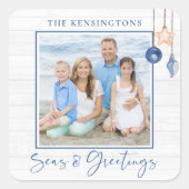 Zeeen en groeten Nautical Seashell Wood Foto Vierkante Sticker (Voorkant)