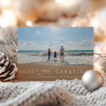 Zeeen en groeten Single Photo Nautical Feestdagenkaart<br><div class="desc">"Zeeen en groeten": de nautische kerstfeestkaart. De kaart is voorzien van elegante kalligrafie "en" met een blauw en witte streep-patroonondersteuning.</div>