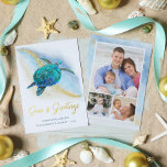Zeeen en Groeten Strand Zee Schildpad 3 Foto Folie Feestdagenkaart<br><div class="desc">Echte gouden folie voegt elegantie toe aan deze kerstkaart met een kustthema, met een waterverf turquoise zeeen schildpad op een abstracte strandachtergrond met een gouden glitter, sprankelende golf en gouden Zeeen en groeten. Op de achterkant zijn 3 fotosjablonen om de kaarten eenvoudig te personaliseren met uw favoriete familiefoto's. Bekijk het...</div>