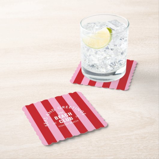 Zeeen en groeten The Beach Club Pink Red Stripe Kartonnen Onderzetters (Insitu)