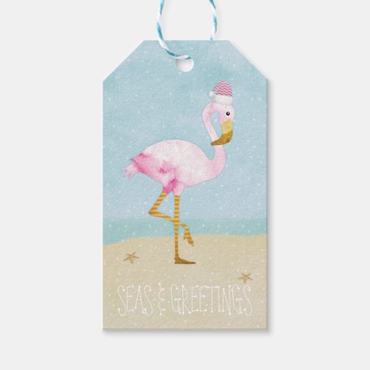 Zeeen en Groeten Waterverf Roze Flamingo Cadeaulabel (Voorkant)
