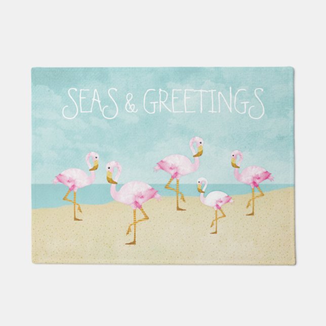 Zeeen en groeten Waterverf Roze flamingos Deurmat (Voorkant)