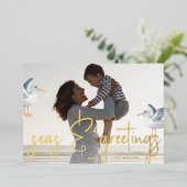 Zeeen en groetings-strand Foto Folie Feestdagenkaart (Staand Voorkant)