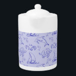 Zeeen en zeilboot één lijntrekpatroon theepot<br><div class="desc">Drawing in single line style seamless pattern with sea animals and sailboat</div>