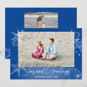 Zeeen & Groeten Navy Blue Foto Strand Zeester Feestdagenkaart (Voorkant / Achterkant)
