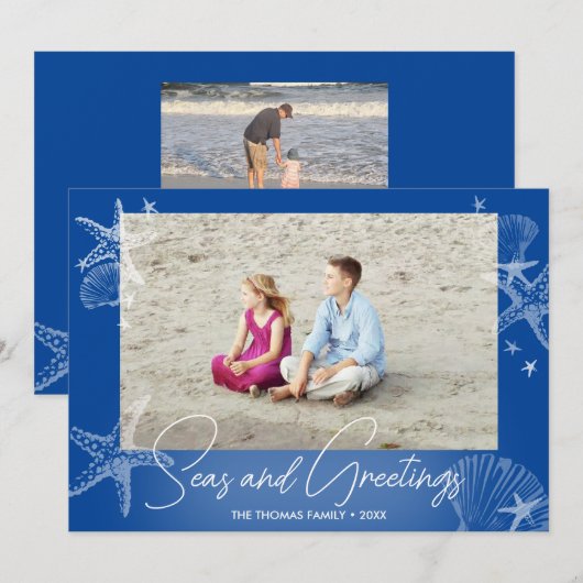 Zeeen & Groeten Navy Blue Foto Strand Zeester Feestdagenkaart (Voorkant / Achterkant)