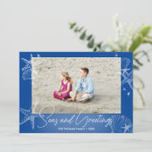 Zeeen & Groeten Navy Blue Foto Strand Zeester Feestdagenkaart (Staand voorkant)