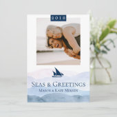 Zeeen & Groeten Waterverf Waves Enkele foto Feestdagenkaart (Staand voorkant)