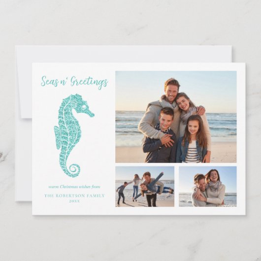 Zeeen N Groetjes Strand Kerst Zeepaardje Foto Feestdagenkaart (Voorkant)