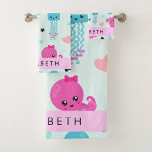 Zeeen, octopus, kwallen, harten, Jouw naam Bad Handdoek