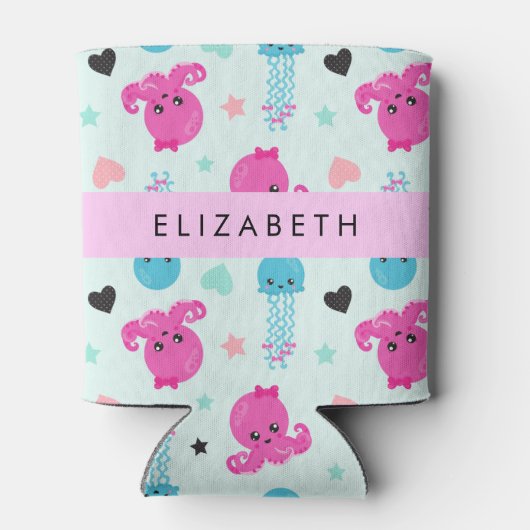 Zeeen, octopus, kwallen, harten, Jouw naam Blikjeskoeler (Achterkant)