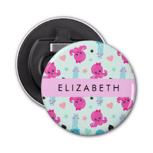 Zeeen, octopus, kwallen, harten, Jouw naam Button Flesopener