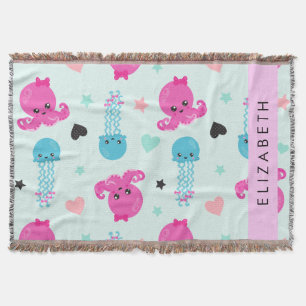 Zeeen, octopus, kwallen, harten, Jouw naam Deken