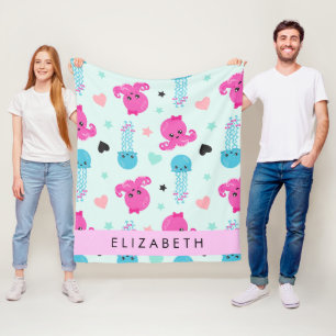 Zeeen, octopus, kwallen, harten, Jouw naam Fleece Deken