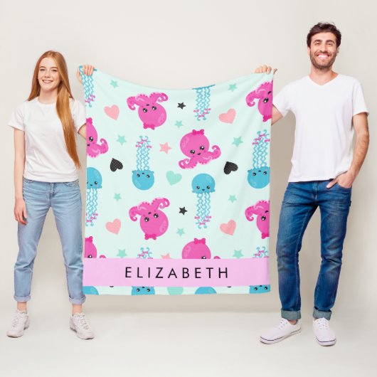 Zeeen, octopus, kwallen, harten, Jouw naam Fleece Deken (In situ)