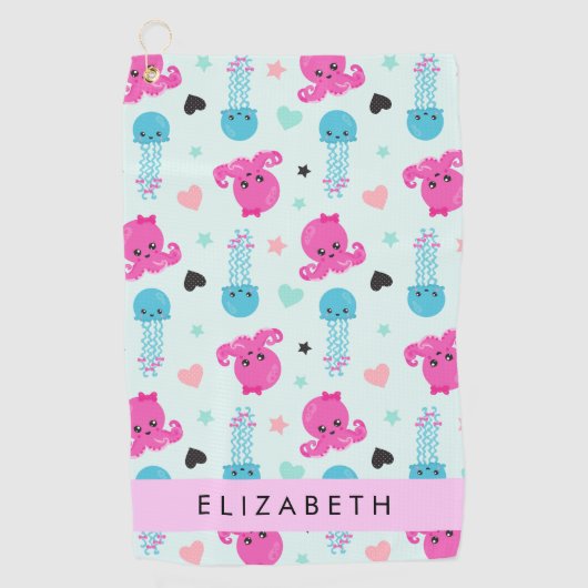 Zeeen, octopus, kwallen, harten, Jouw naam Golfhanddoek (Voorkant)