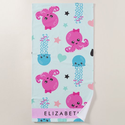 Zeeen, octopus, kwallen, harten, Jouw naam Strandlaken (Voorkant)