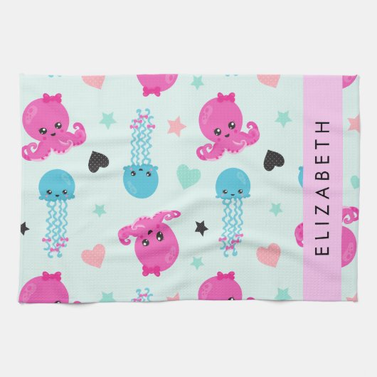 Zeeen, octopus, kwallen, harten, Jouw naam Theedoek (Horizontaal)