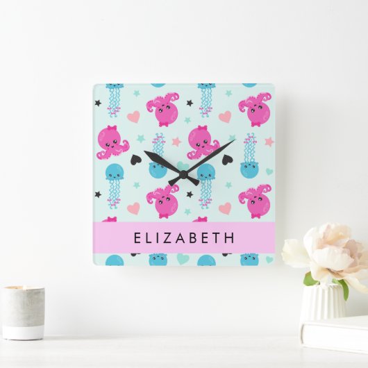 Zeeen, octopus, kwallen, harten, Jouw naam Vierkante Klok (Huis)