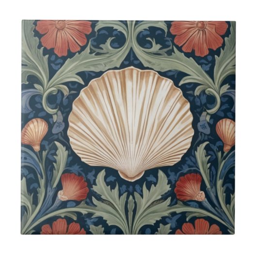 Zeeen schaal William Morris stijl Nautisch botanis Tegeltje (Voorkant)