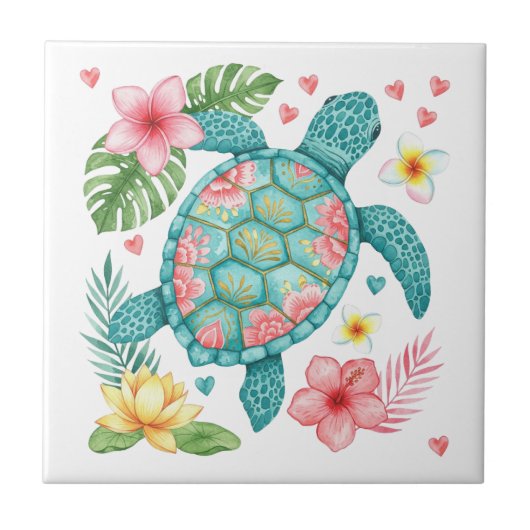 Zeeen schildpad en tropische bloemen tegeltje (Voorkant)